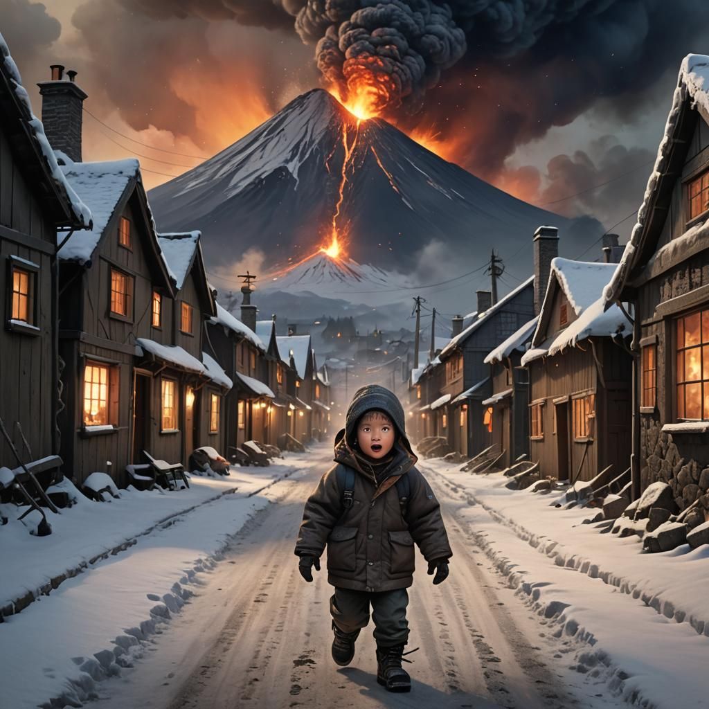Terrified Child in Winter Village with Erupting Volcano