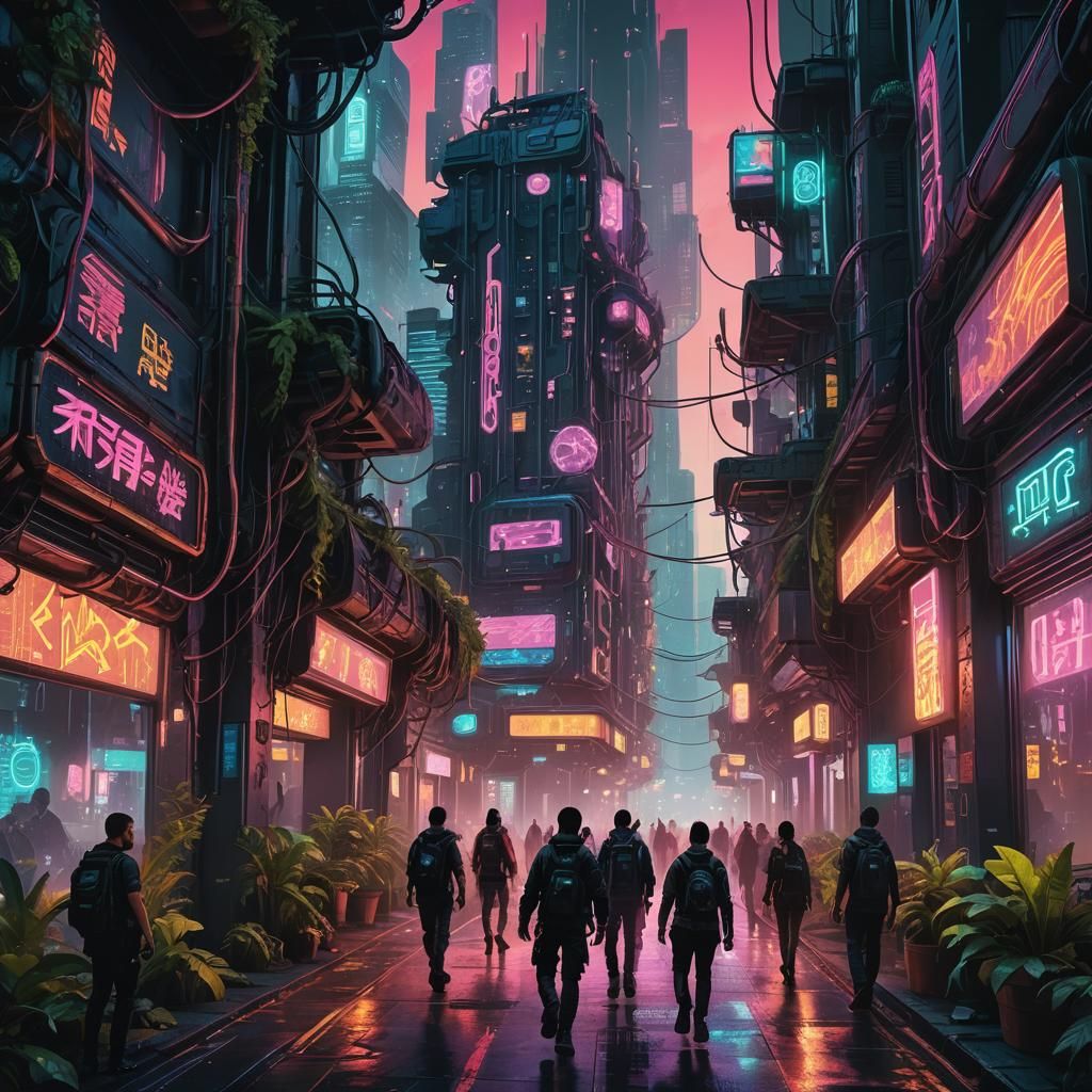 Cyberpunk City with Magical Portals, Digital Art