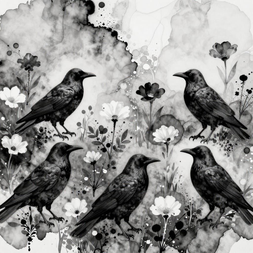 Ravens Among Black and White Flowers in Alcohol Ink Style
