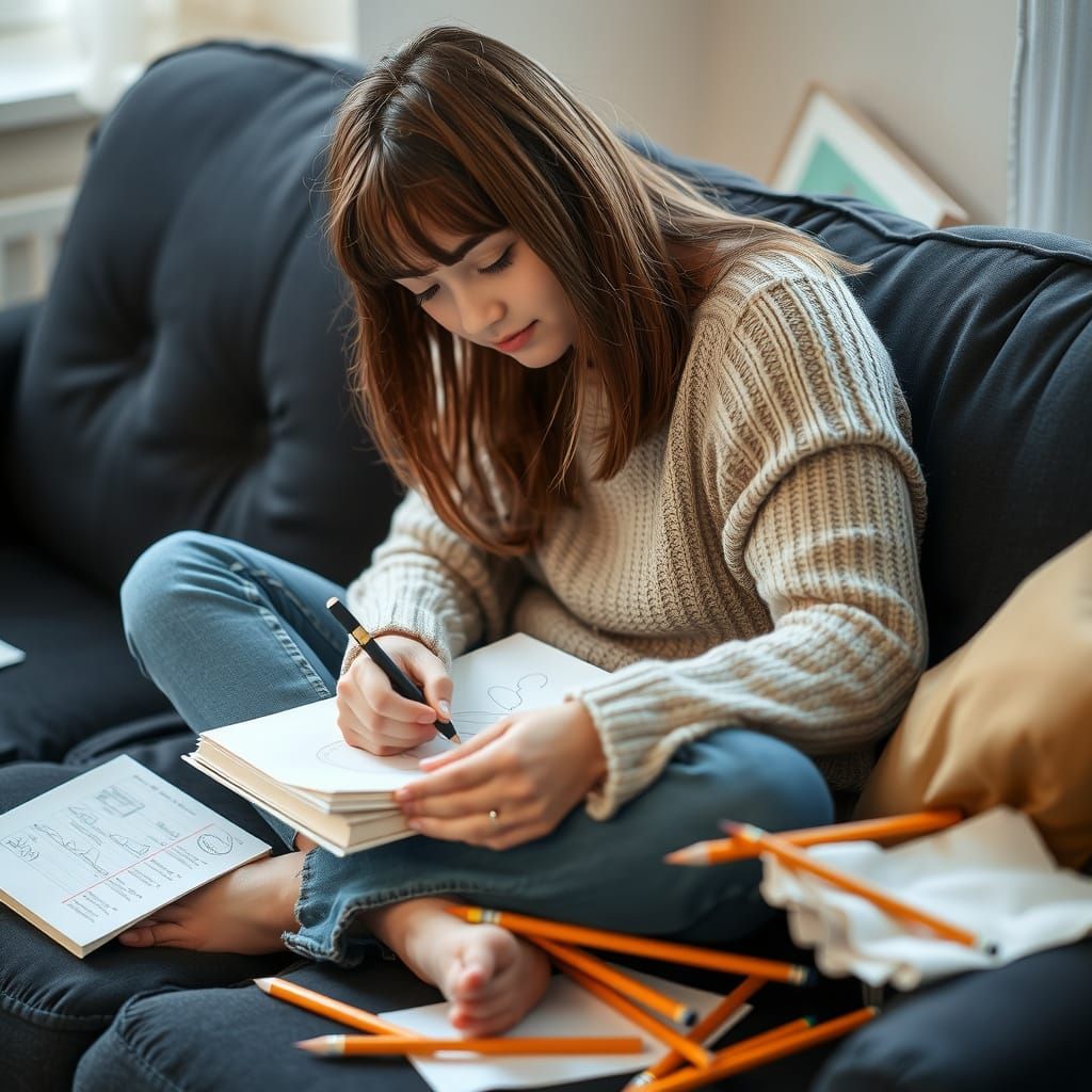 Young Woman Sketching with Soft Natural Lighting