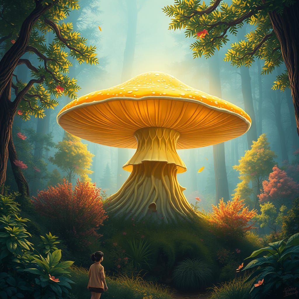 Glowing Gold Mushroom in Dreamlike Forest