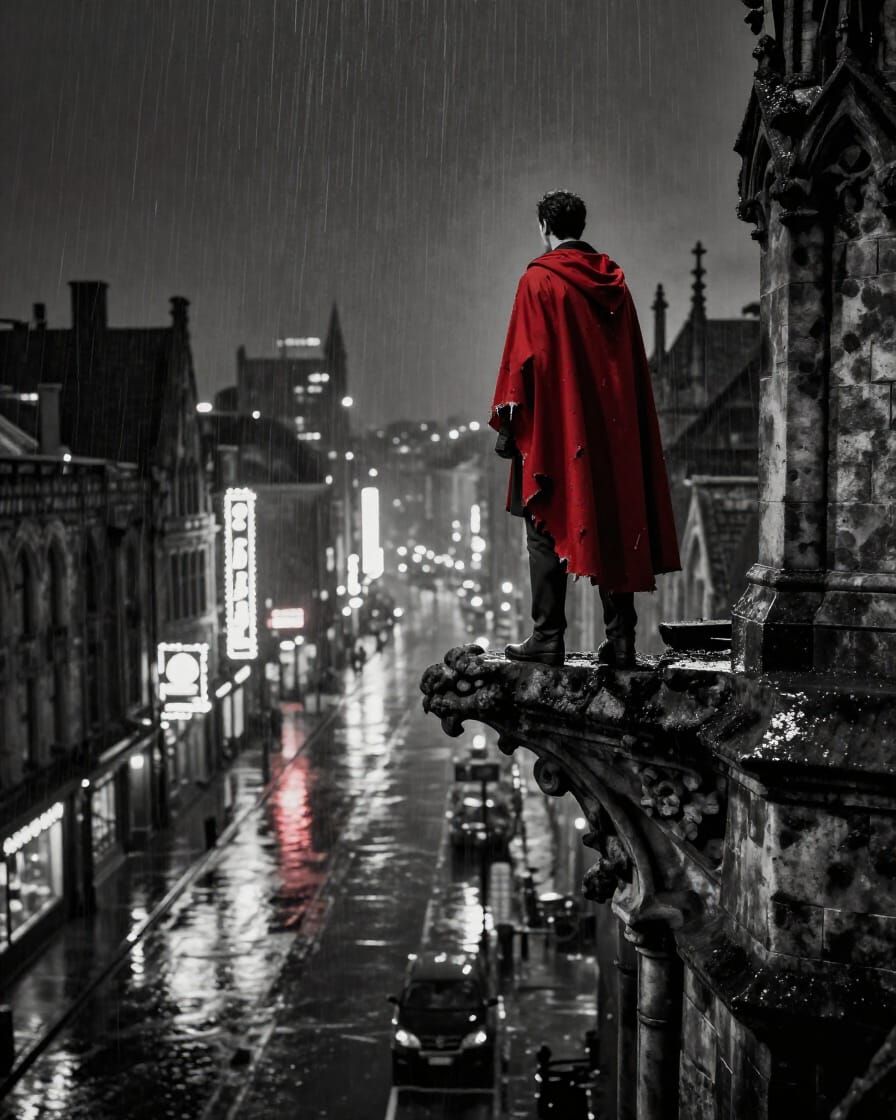 Superhero Vigil Over Gothic Cityscape in Noir Style