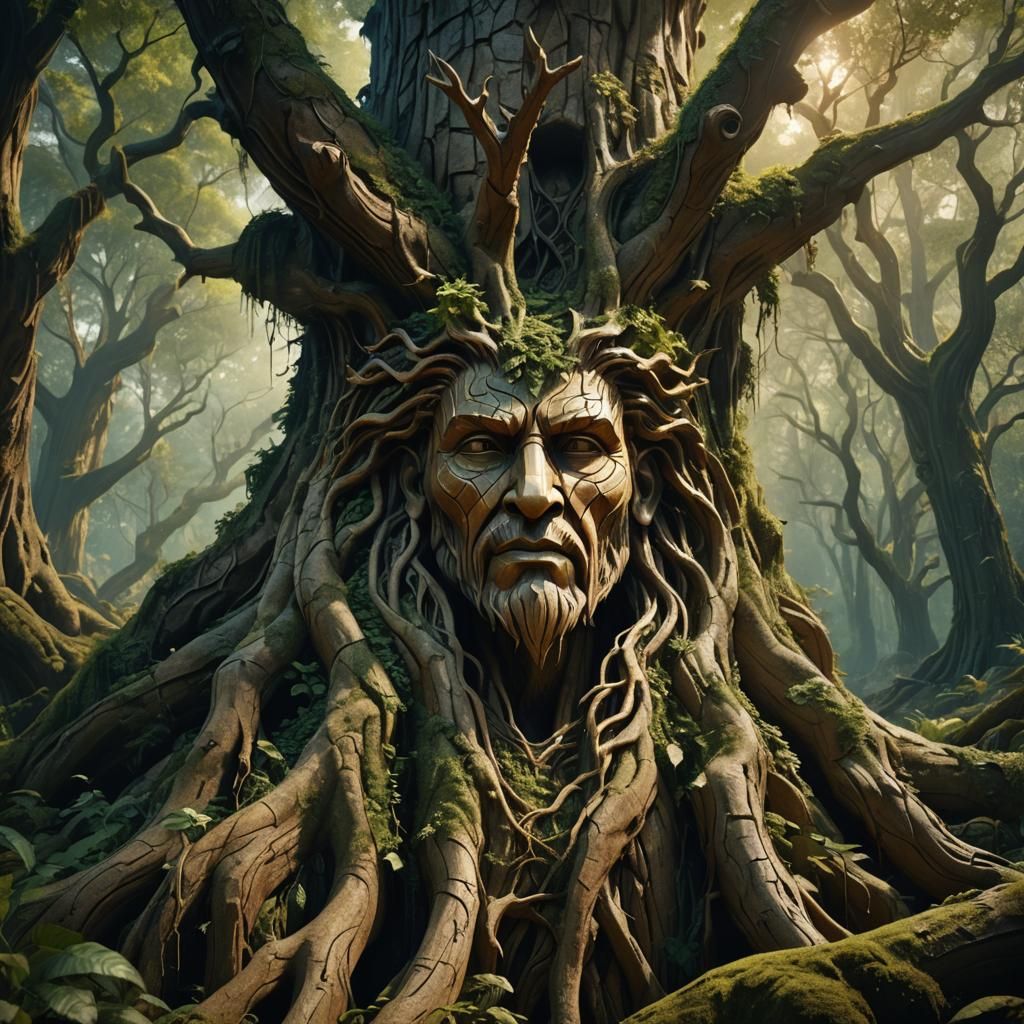 Wooden Nature God in Lush Forest