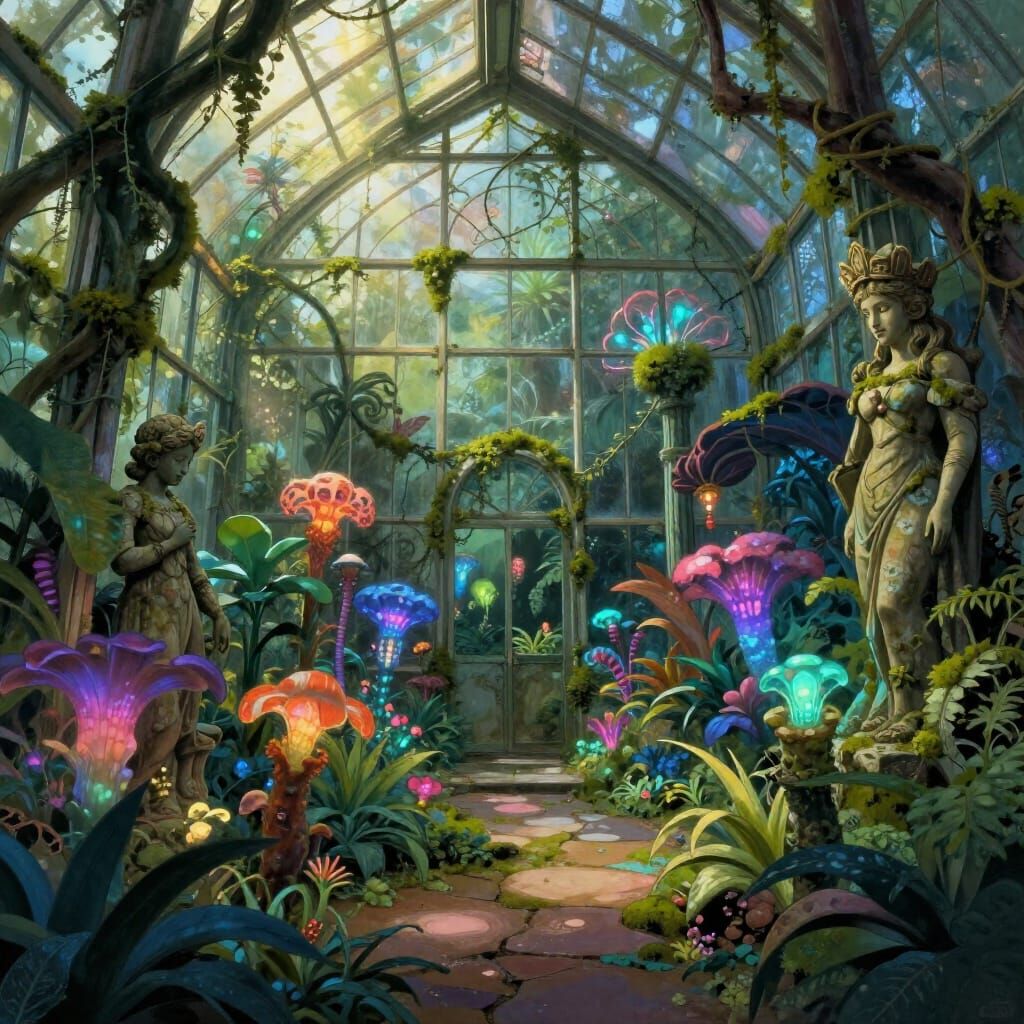 Overgrown Greenhouse With Bioluminescent Plants and Statues