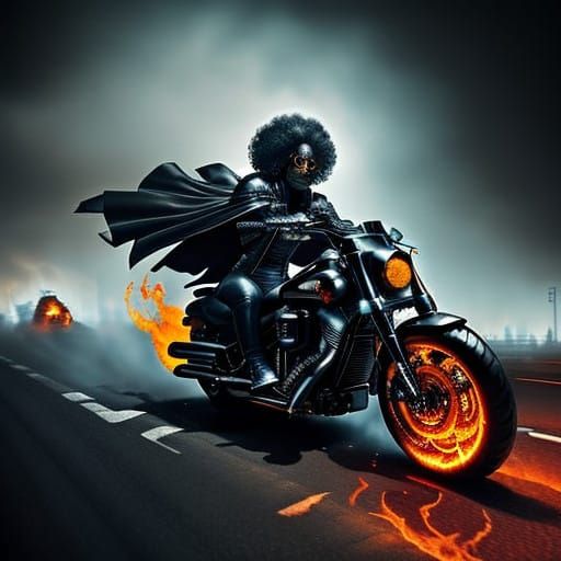 Dark Futuristic Goddess on Motorcycle Blazing Through City