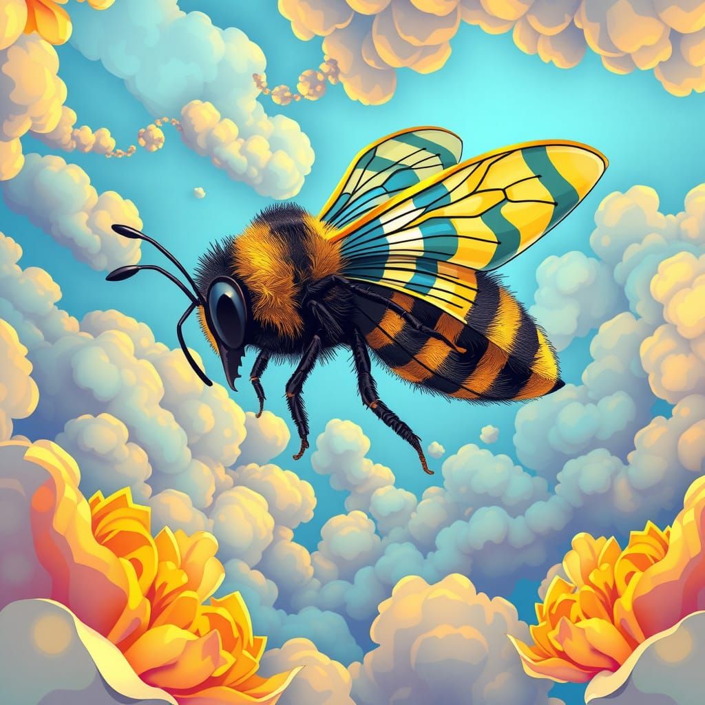 Vibrant Striped Dreamscape with a Buzzing Bumblebee Airship