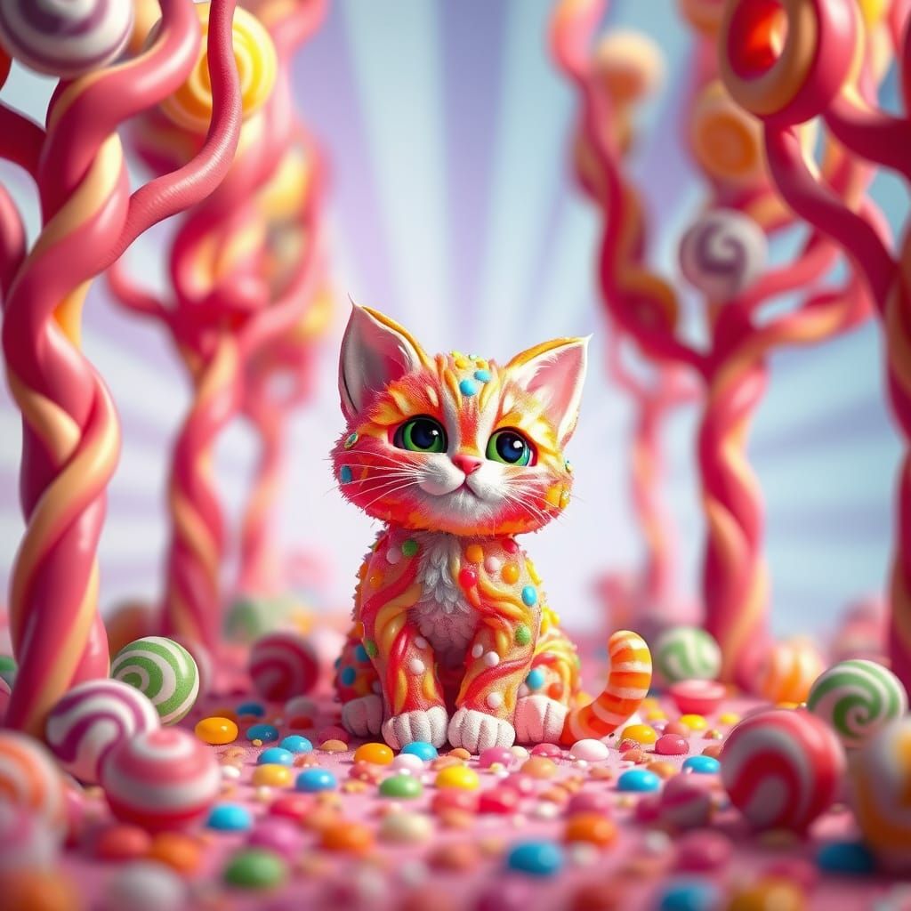 Whimsical Kitten Made of Candies in a Fantastical Candy Fore...