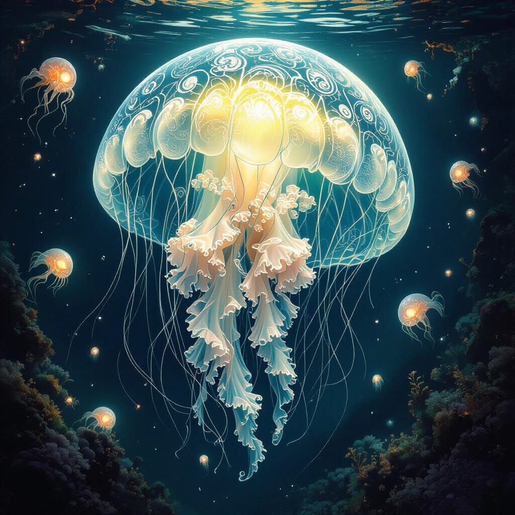 Ornate Glass Jellyfish in Bioluminescent Deep-Sea Trench