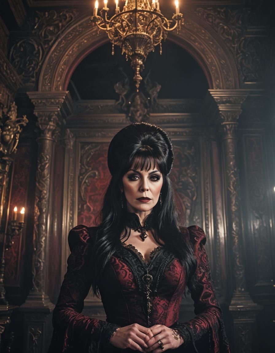 Gothic Horror Portrait of Elvira in Ornate Chamber