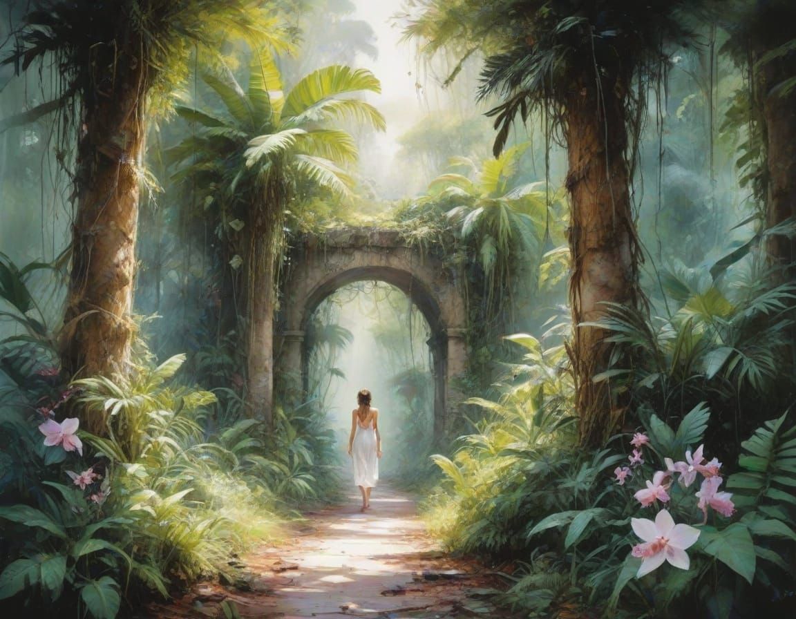 Enchanted Amazonian Rainforest Path in Watercolor Style
