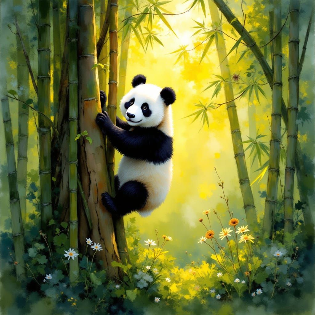 Adorable Panda in Lush Bamboo Forest with Golden Hour Light