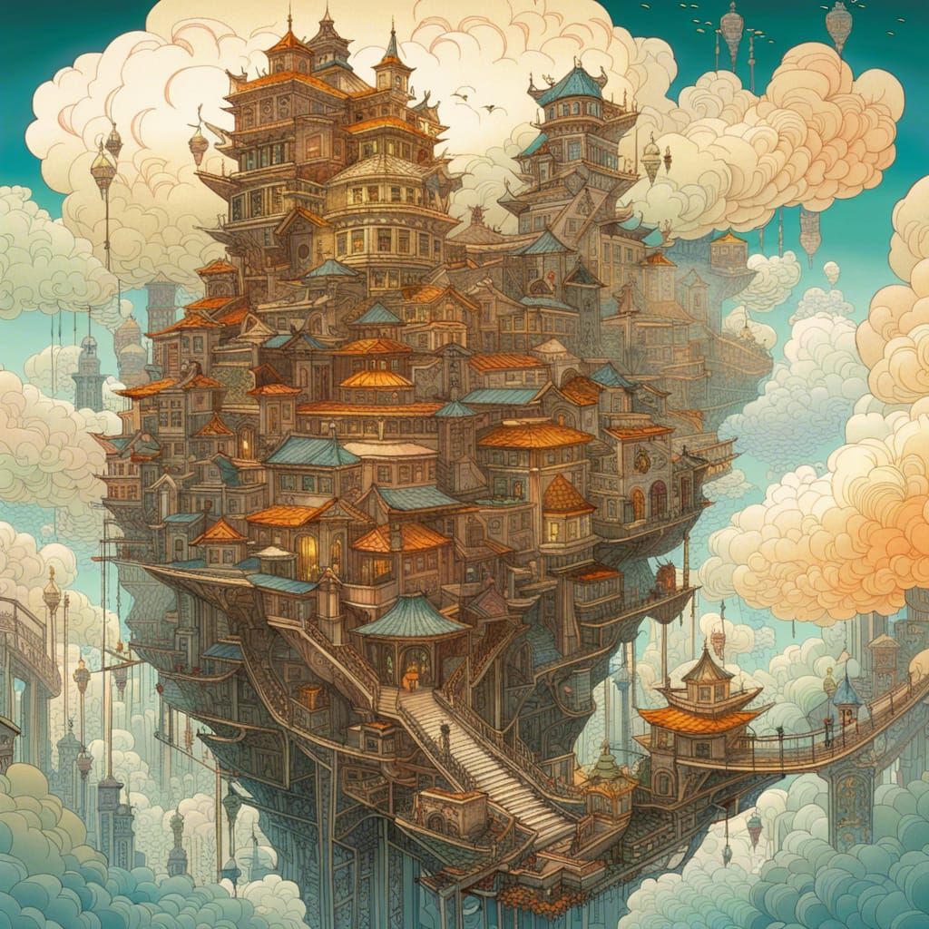 Surreal Flying Waterfall City Dreamscape