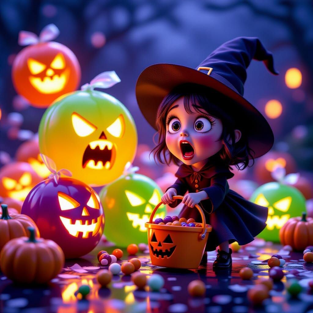 Shocked Witch Drops Screaming Candies in Spooky Mist