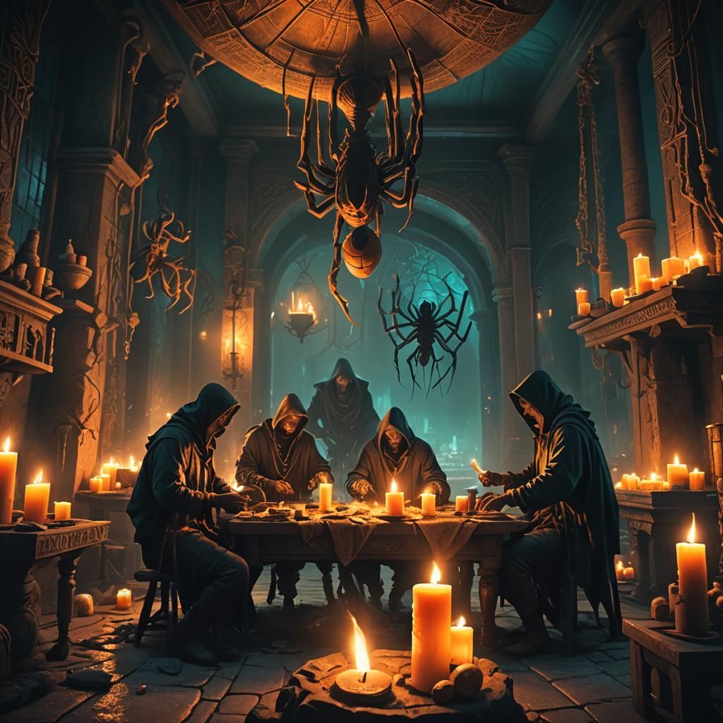Arachnid Men Crafting Candles in Dark Fantasy Style