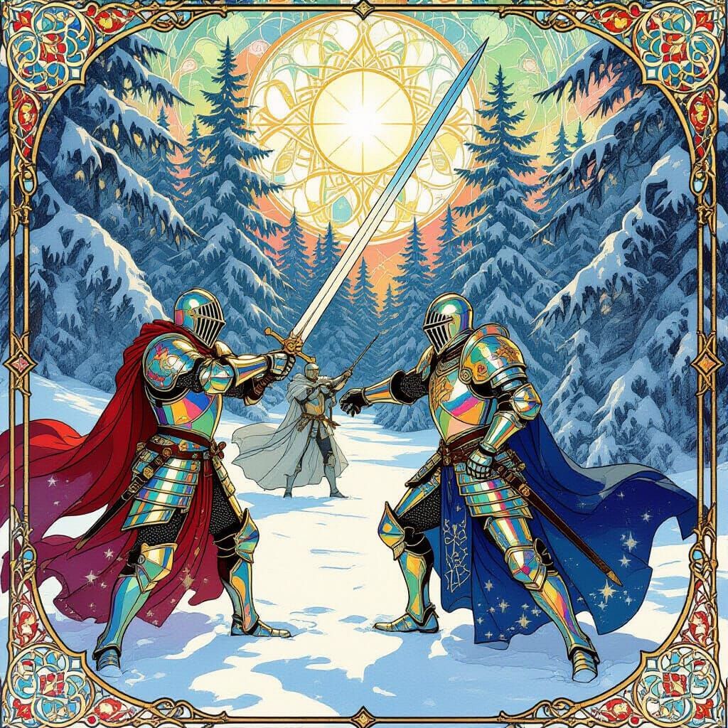 Knights in Stained-Glass Armor Battle Shadows in Winter Wond...