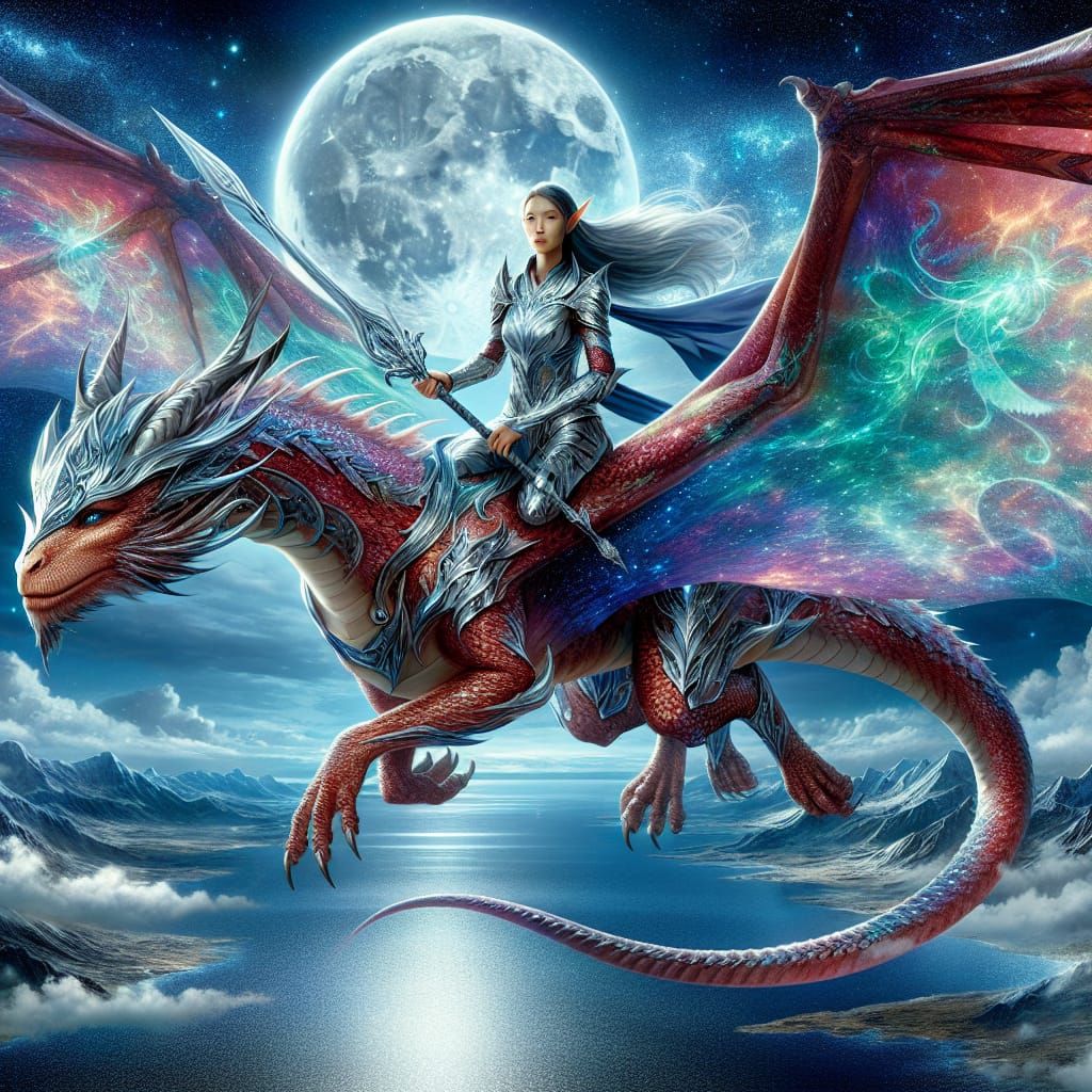 Hyper Realistic Female Elven Warrior Rides Fiery Red Dragon....
