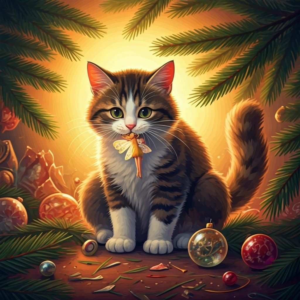 Regal Cat Surrounded by Christmas Chaos in Whimsical Gouache...