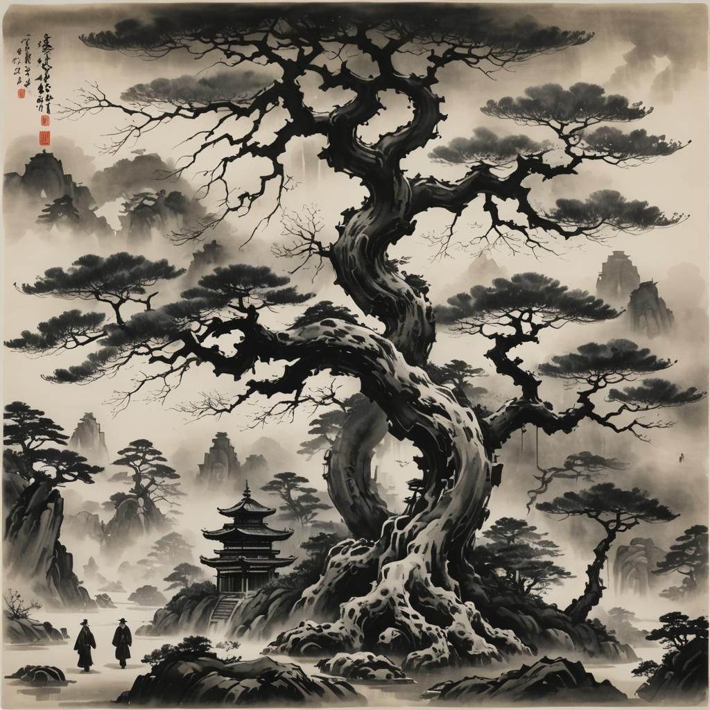 Surreal Bonsai Tree in Japanese Sumi-e Style