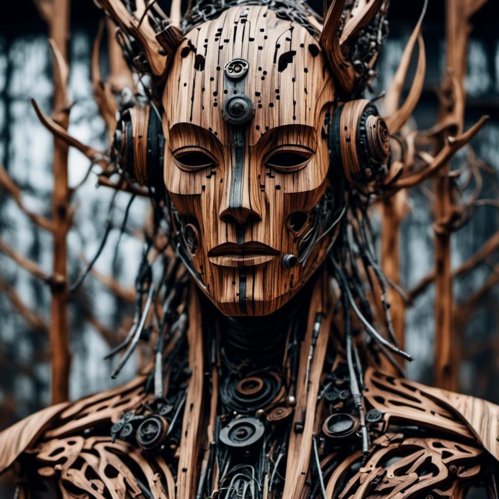 Hyperdetailed Wooden Cyborg Face Close-up