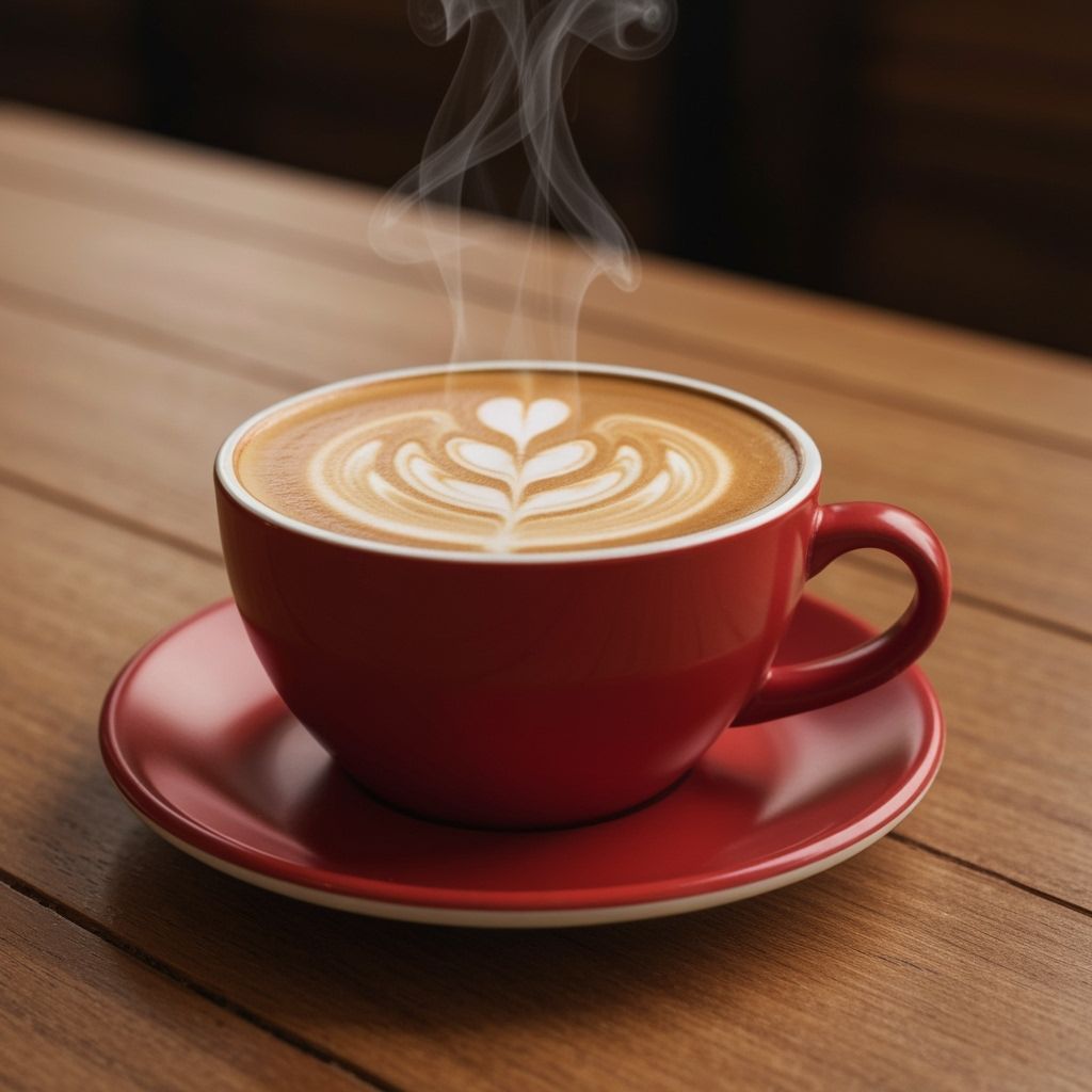 Steamy Red Latte Cup with Foam Art on Wooden Table