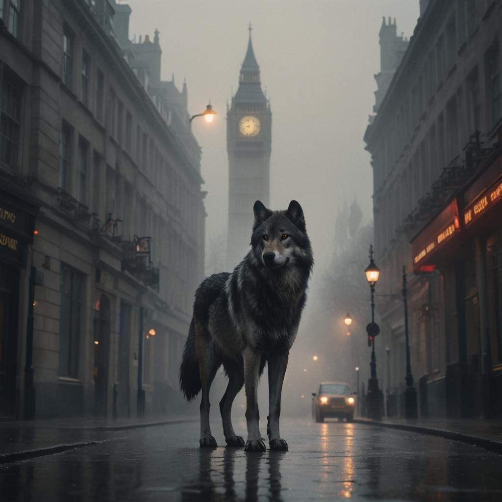 Lone Wolf in London Street with Mystic Fog
