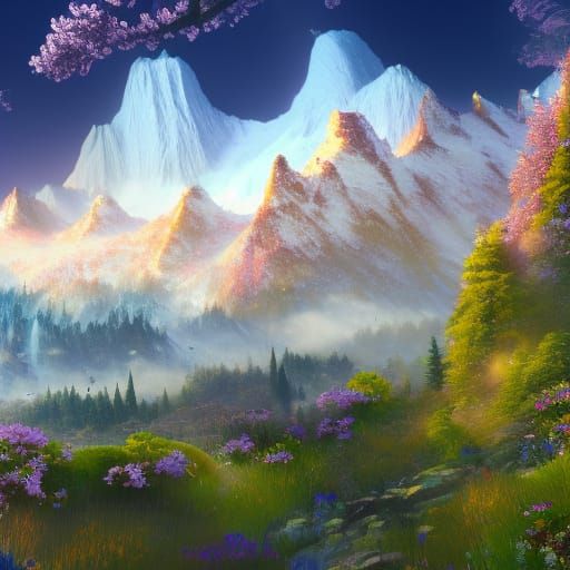 Mountain Landscape with Blooming Flowers, Fantasy Art