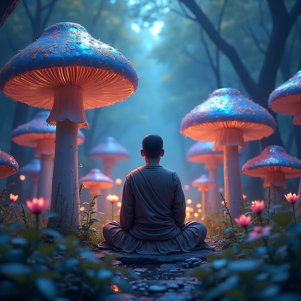 Mystical Monk in Psychedelic Mushroom Forest