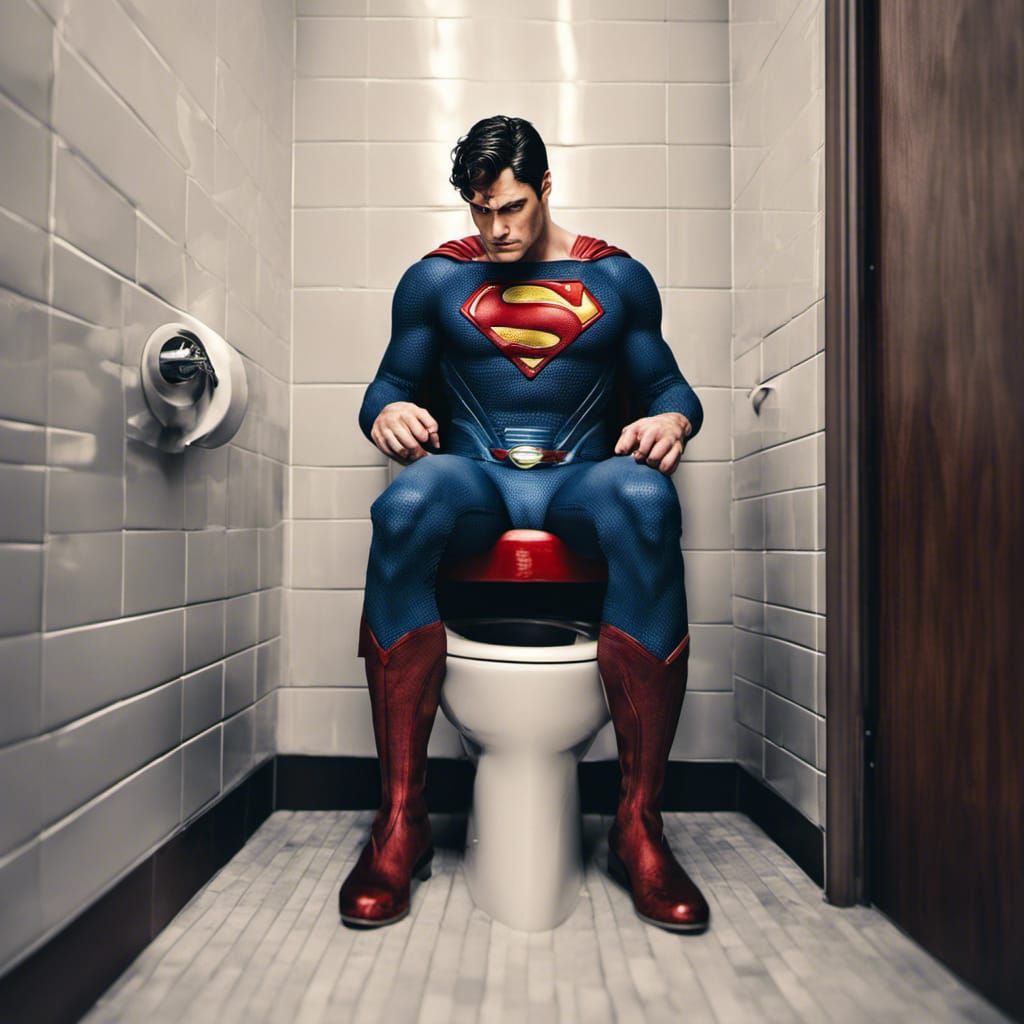 Hyperrealistic Image of Superman on a Toilet