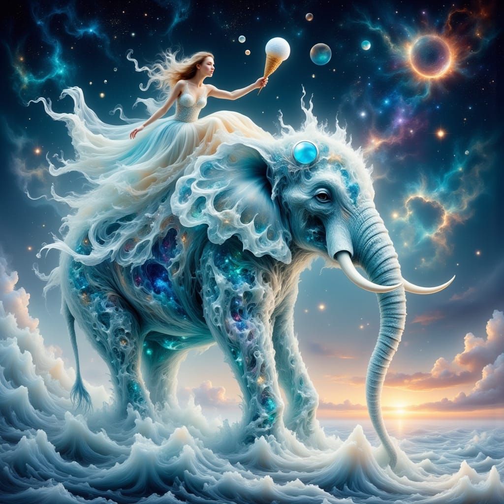 Snow Crystal Elephant and Princess in Nebula