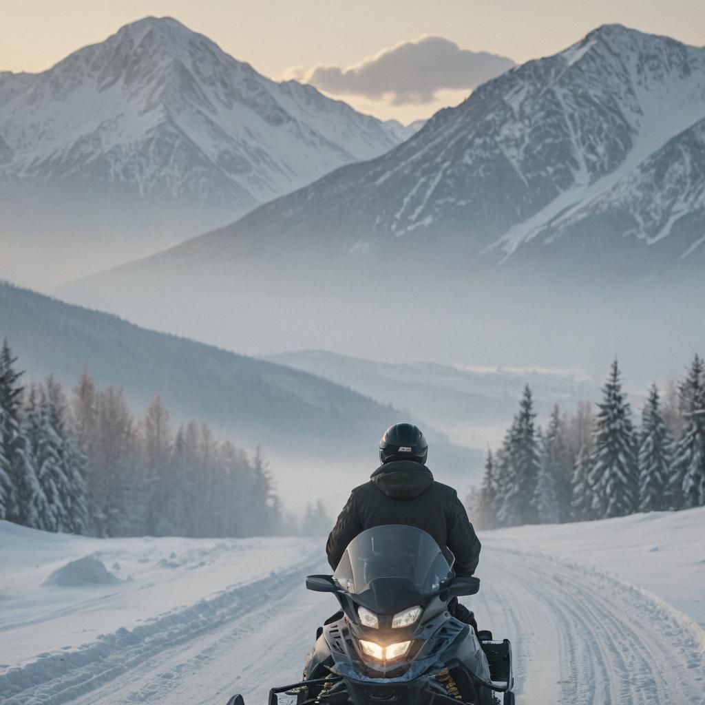 Snowmobile Rider in Winter Wonderland Landscape