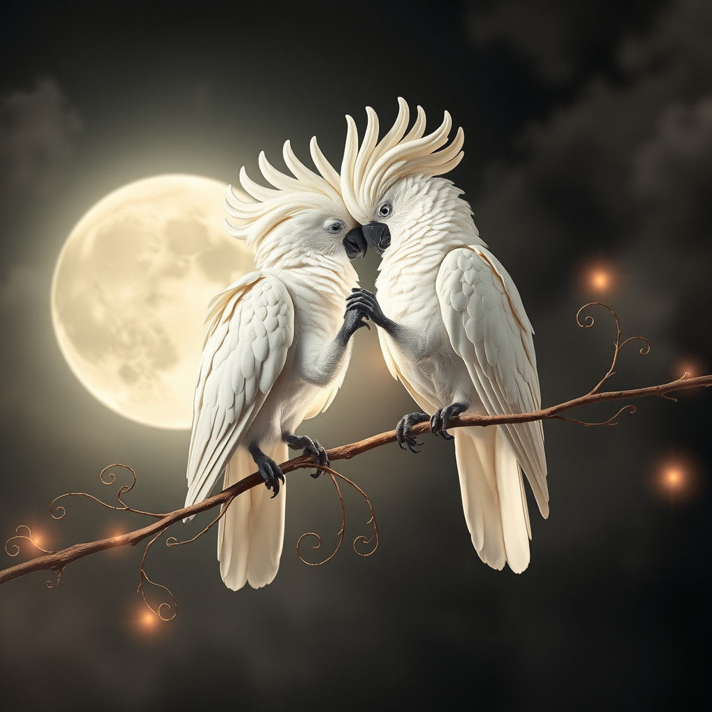 Majestic Cockatoos in Serene Dreamlike Atmosphere