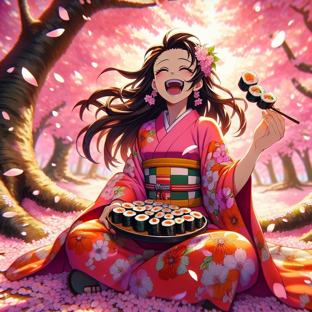 Girl Eating Sushi Under Cherry Blossoms, in Anime Style