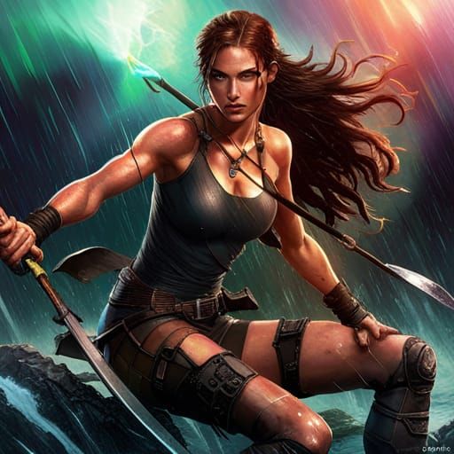 Lara Croft in Rainbow Rain: 8K Concept Art