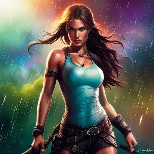 Lara Croft, Tomb Raider in Rainbow Rain