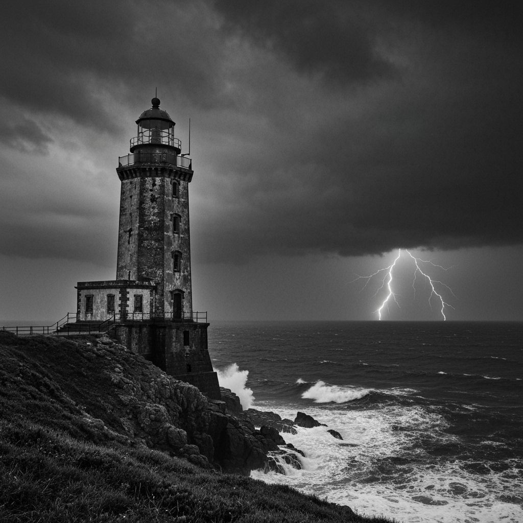 Dramatic Lighthouse in Stormy Sea: Moody Black and White Pho...