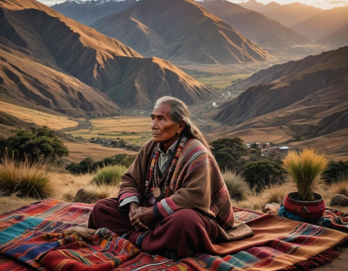 Andean Highlands Sunset: Indigenous Leader in Expressive Lan...