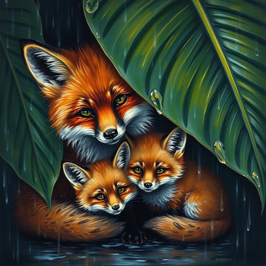 Red Fox Family Sheltering from Rain, as Impasto Painting