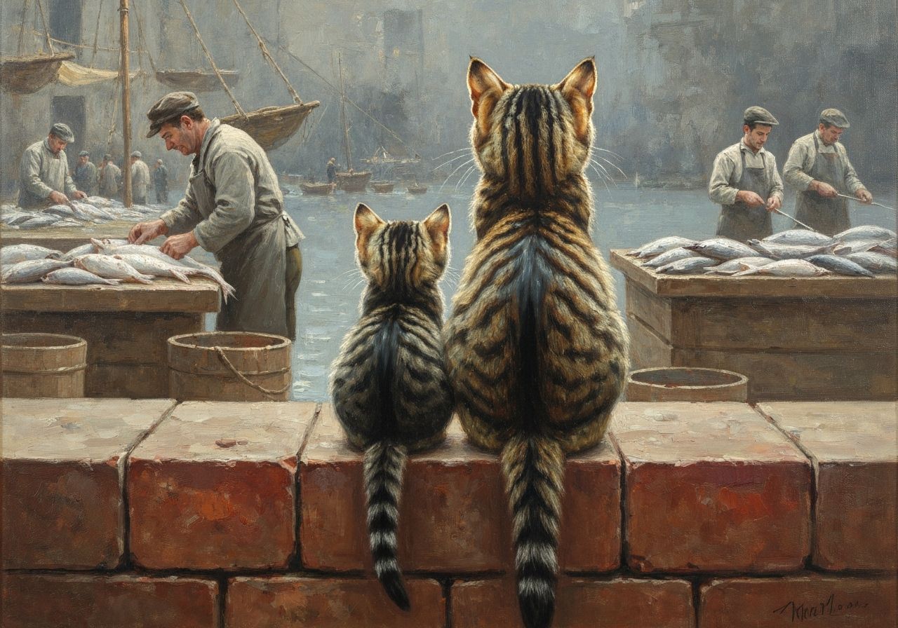 Tabby Cat Family Overlooking Fish Market