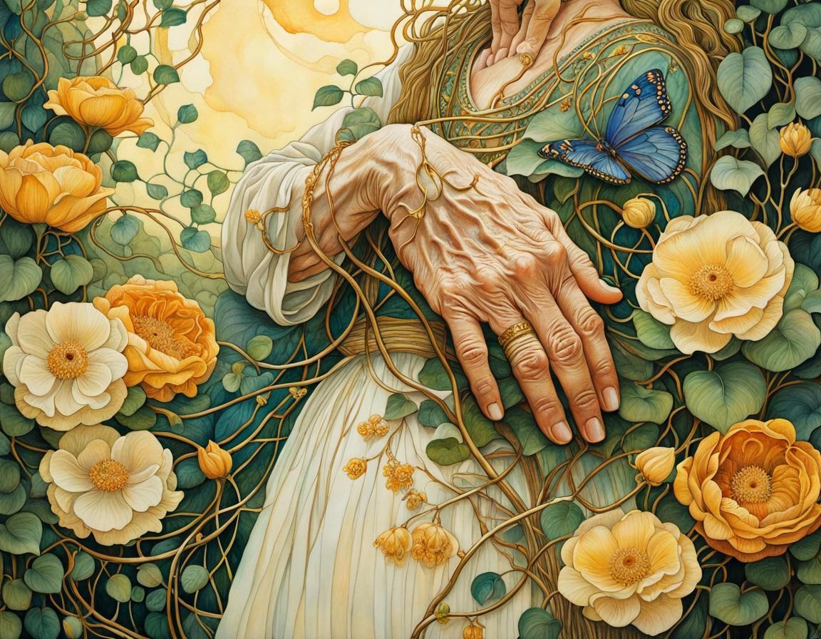 Symbolist Hands Entwined with Vines and Flowers