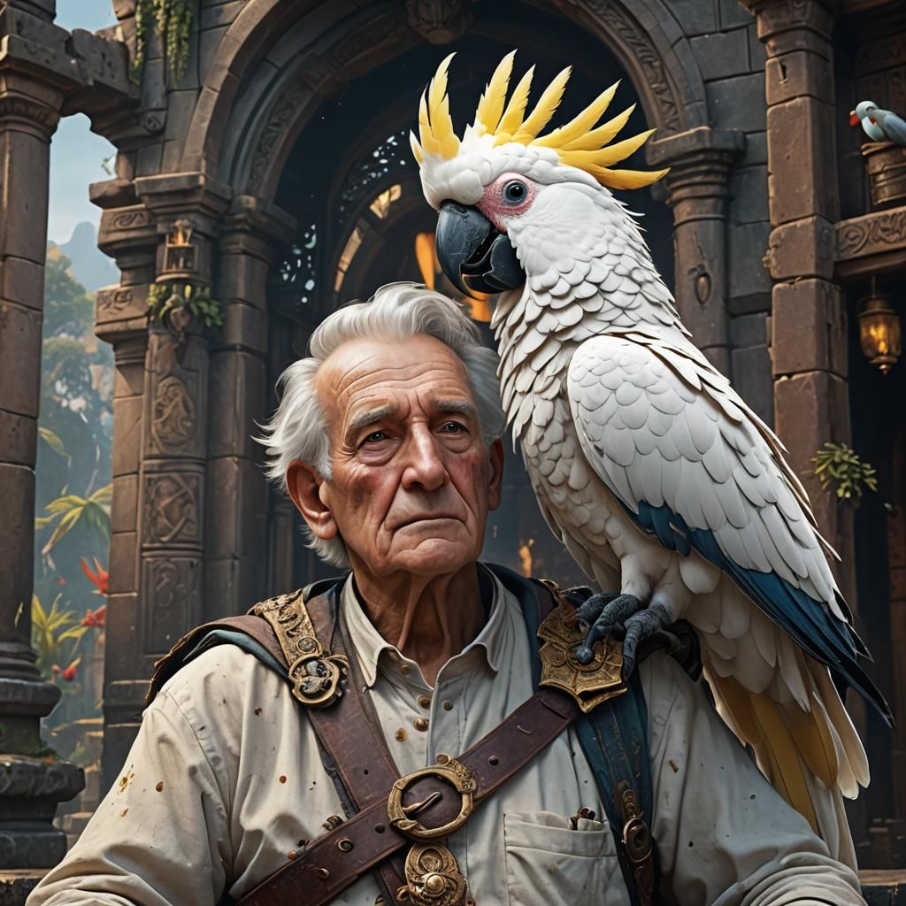 Cockatoo on Old Man's Shoulder: Fantasy Art
