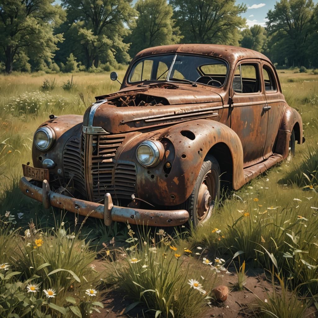 Realistic Photo of a Rusted 1940s Car