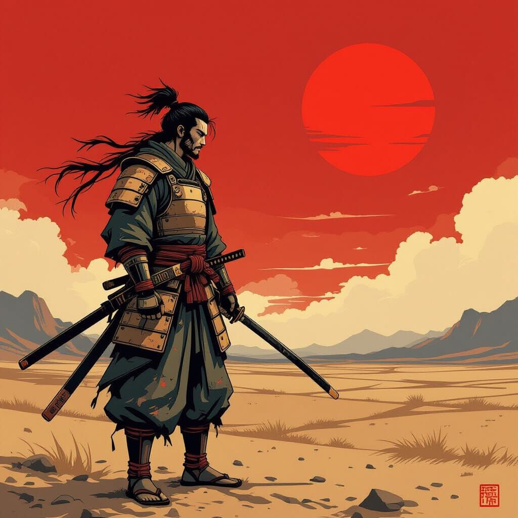 Samurai on Windswept Plain in Japanese Art Style