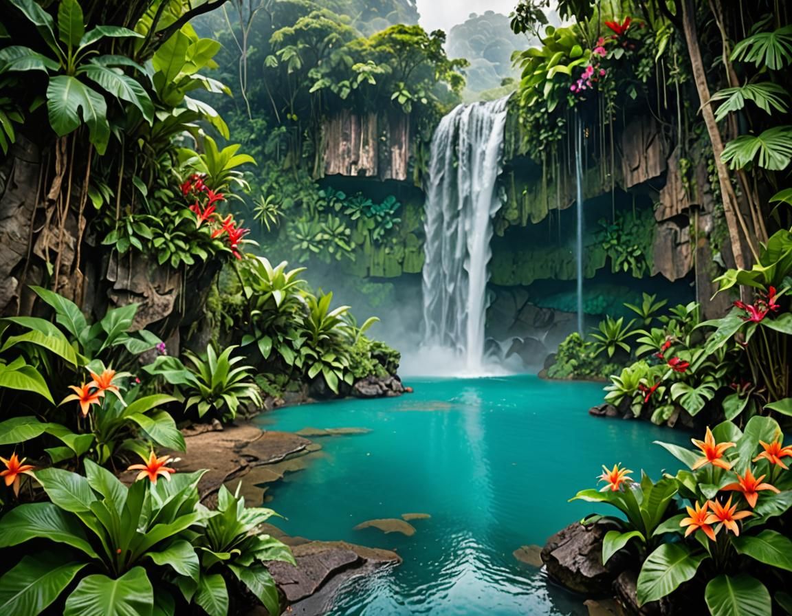 Misty Tropical Waterfalls in Turquoise Pool