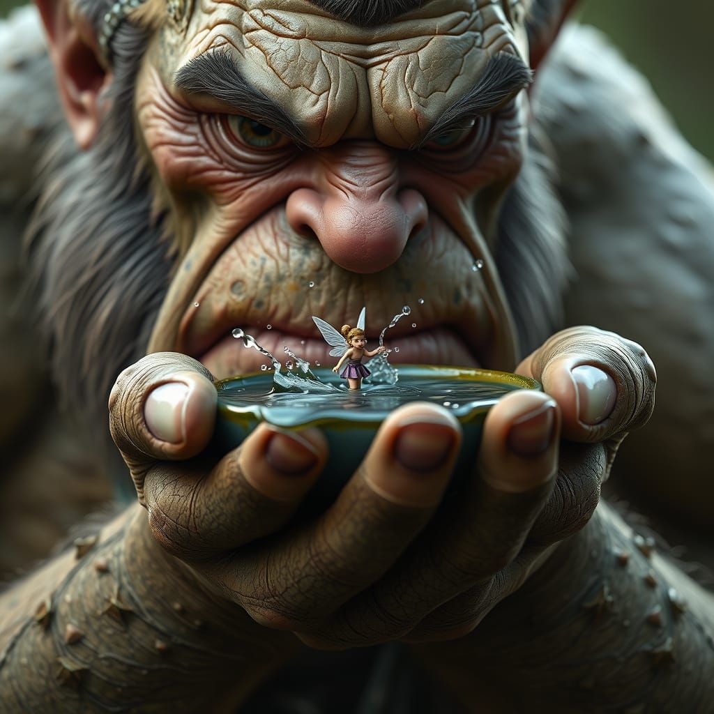 A Photorealistic Fairy Drinks from an Ogre's Hand in a Hyper...