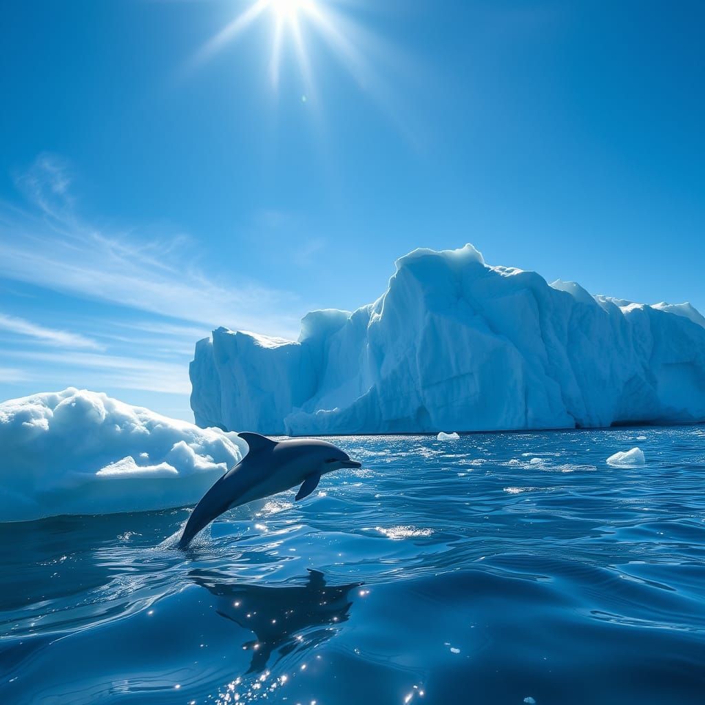 Blue Dolphin and Iceberg in Dreamy Hyper-Realism