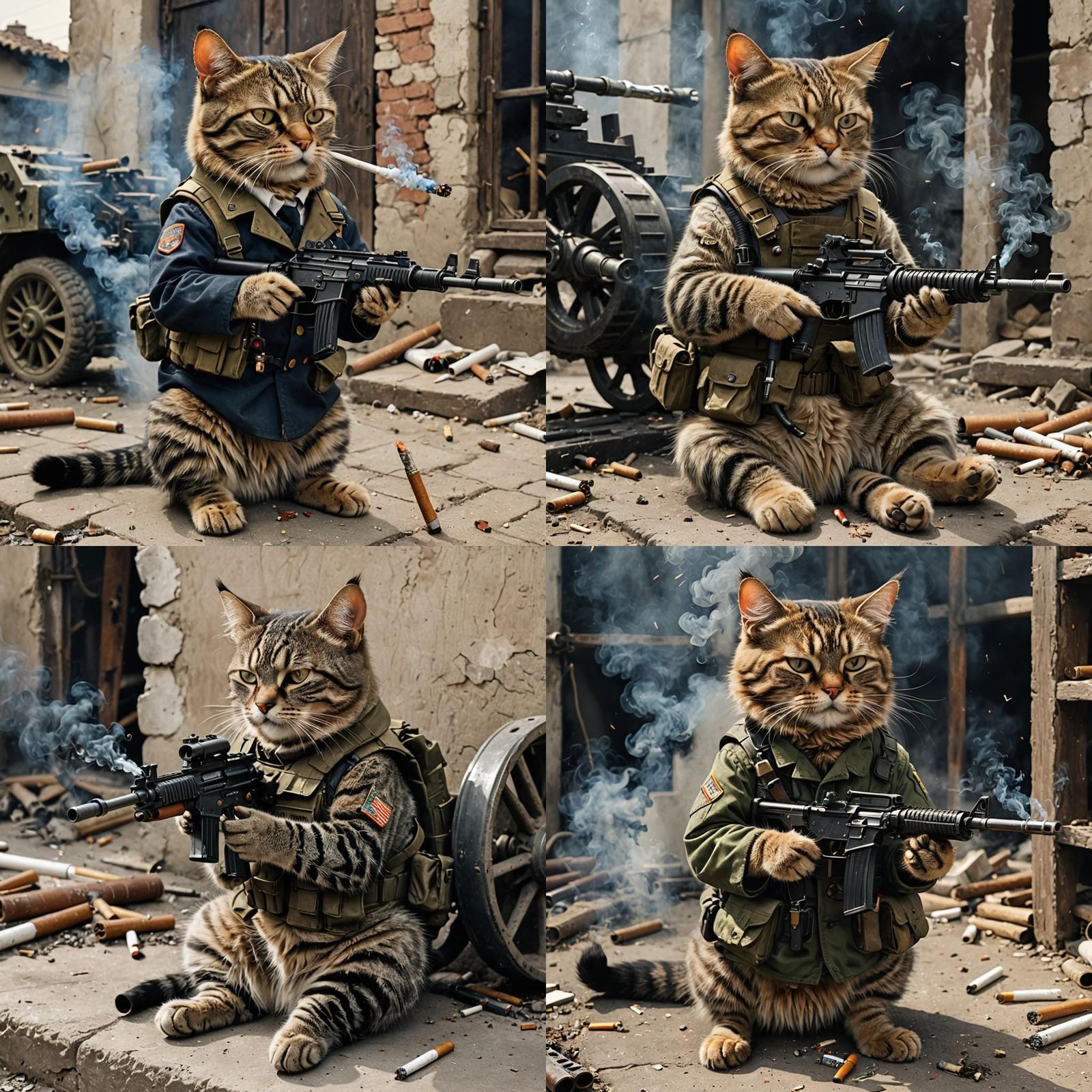 A cat firing a machine gun while smoking a cigarette