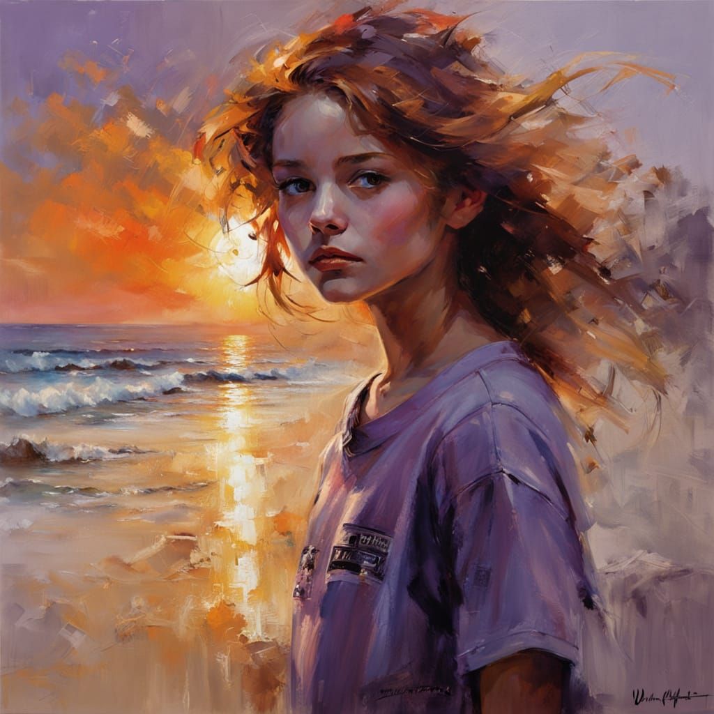 Girl on Beach at Sunset: Impressionist Oil Painting