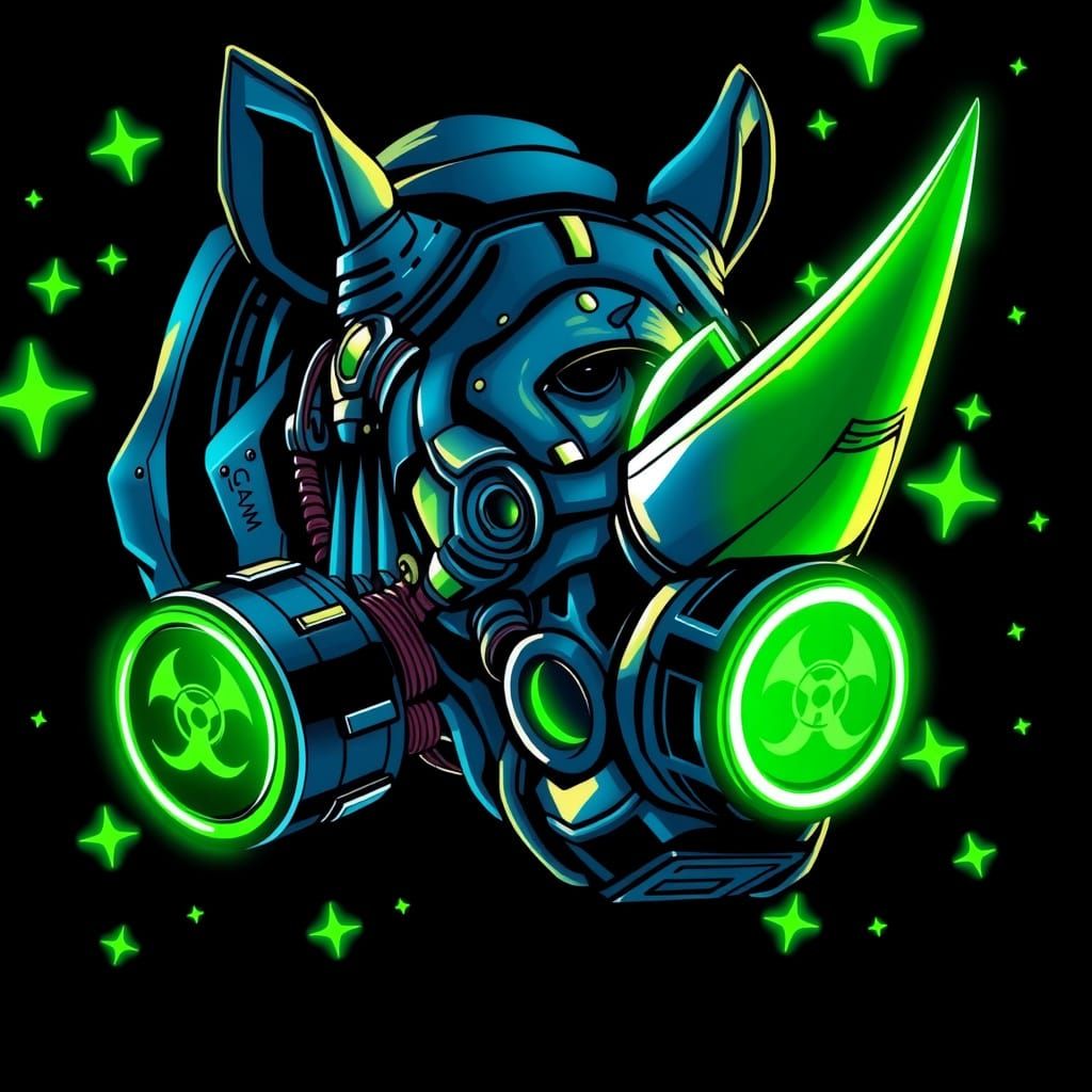 Futuristic Rhino with Gas Mask in Cyberpunk Style