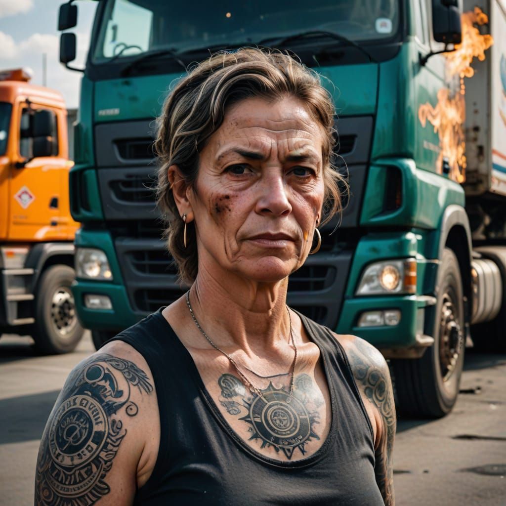 Strong Female Truck Driver Caught in Moment of Exhaustion