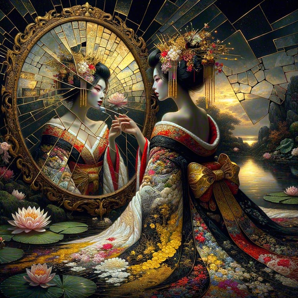 Geisha in Shattered Mirror, Lace Art Motifs